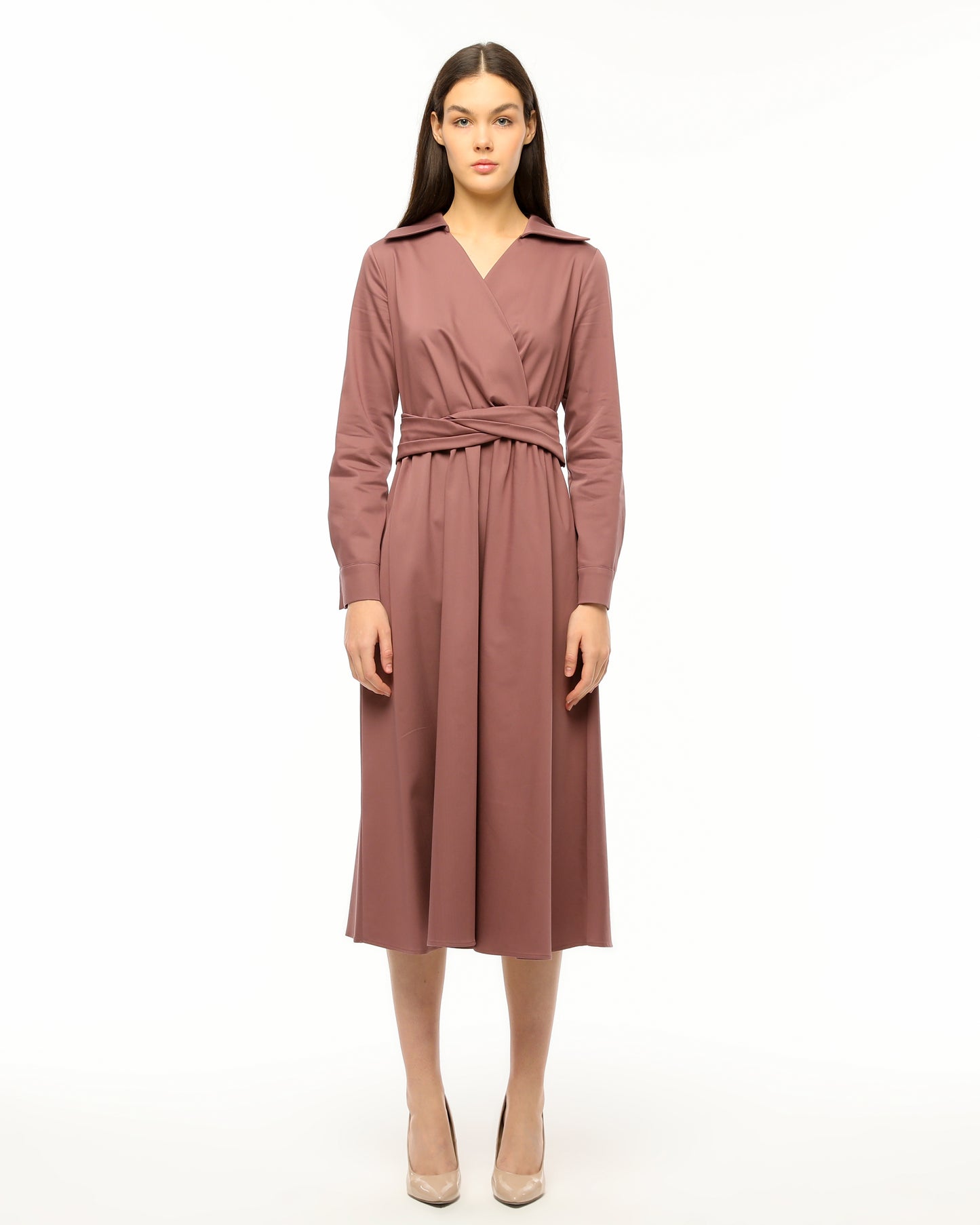 Pink Wrap Dress with Waist Tie and Elegant Collar