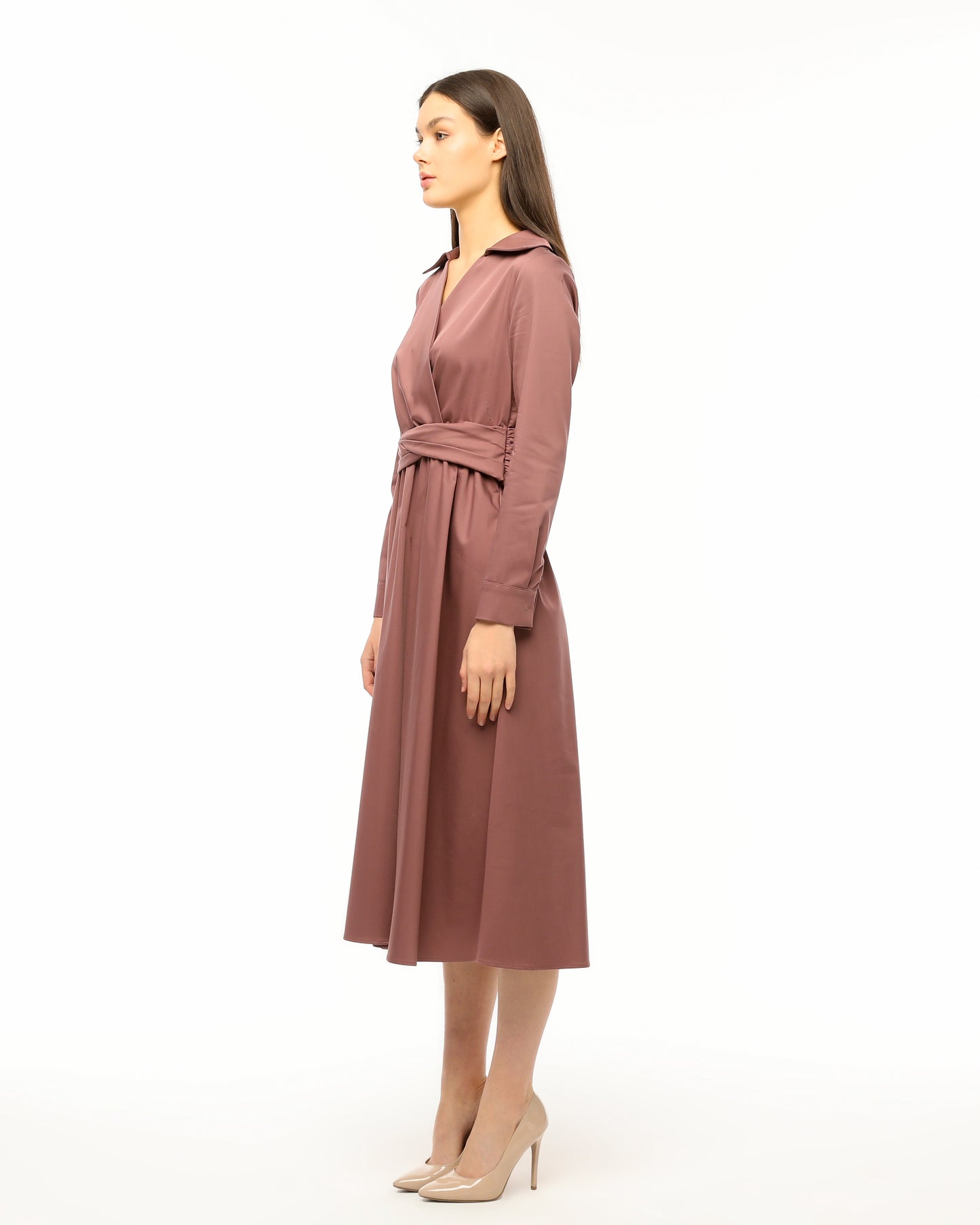 Pink Wrap Dress with Waist Tie and Elegant Collar
