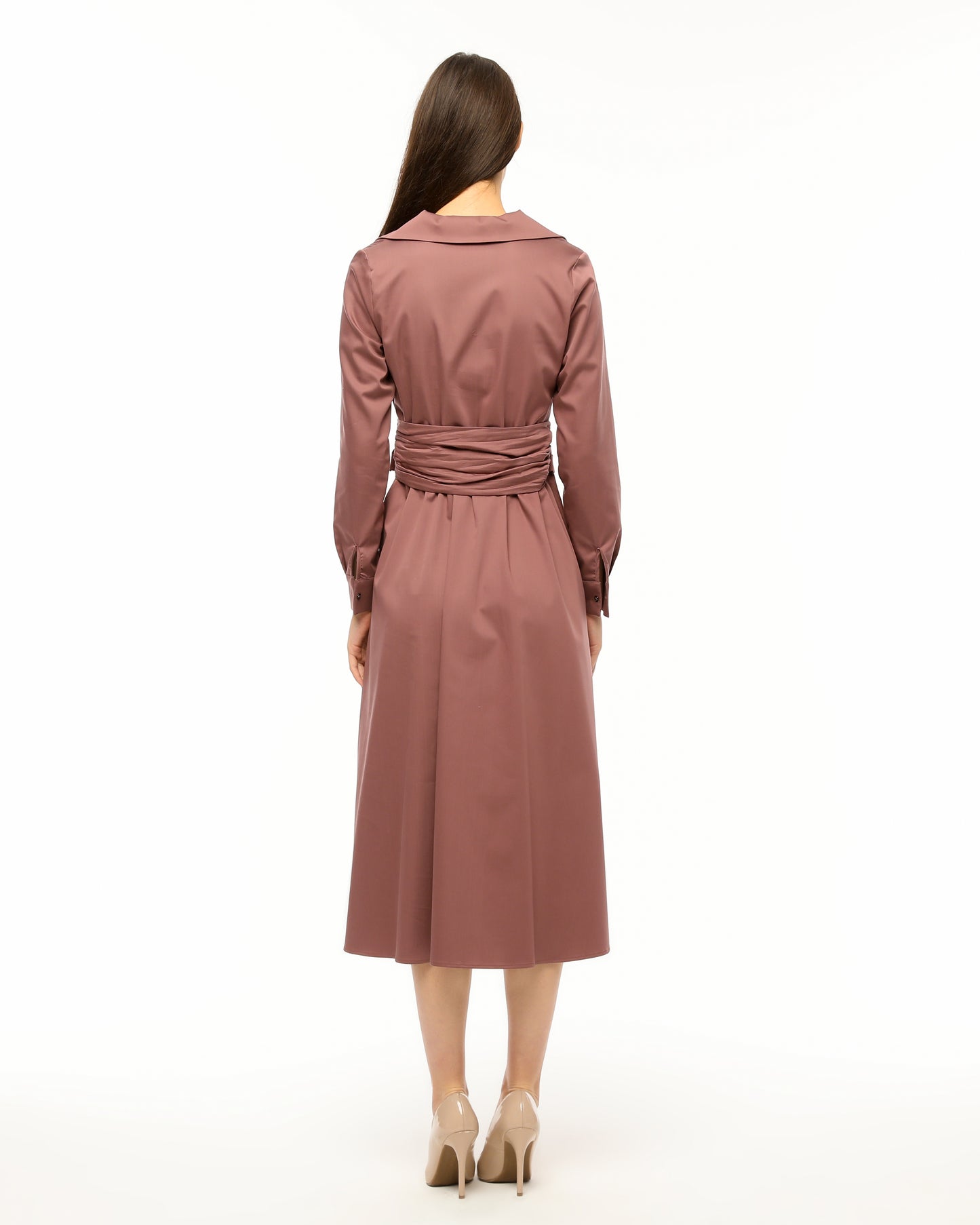 Pink Wrap Dress with Waist Tie and Elegant Collar