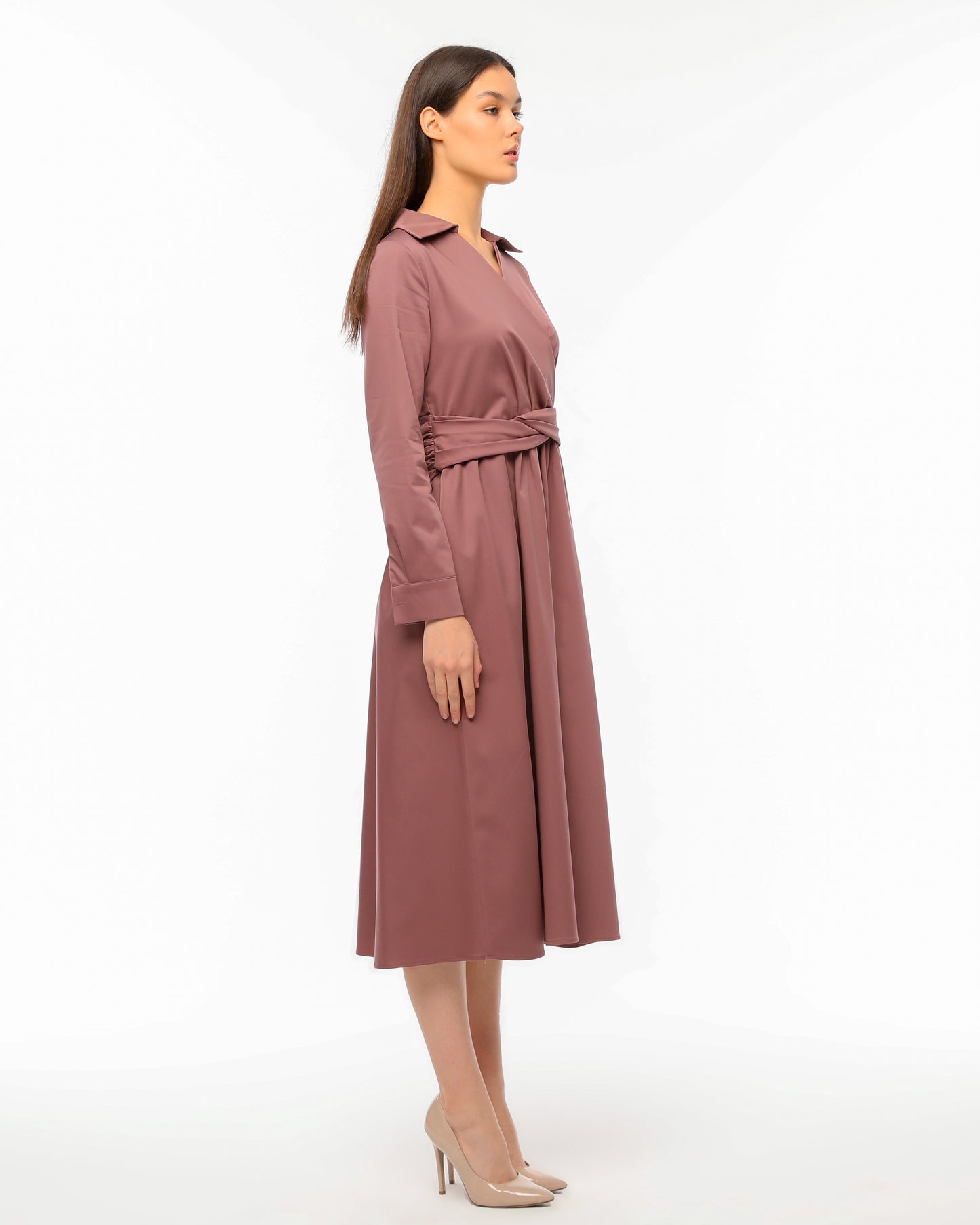 Pink Wrap Dress with Waist Tie and Elegant Collar