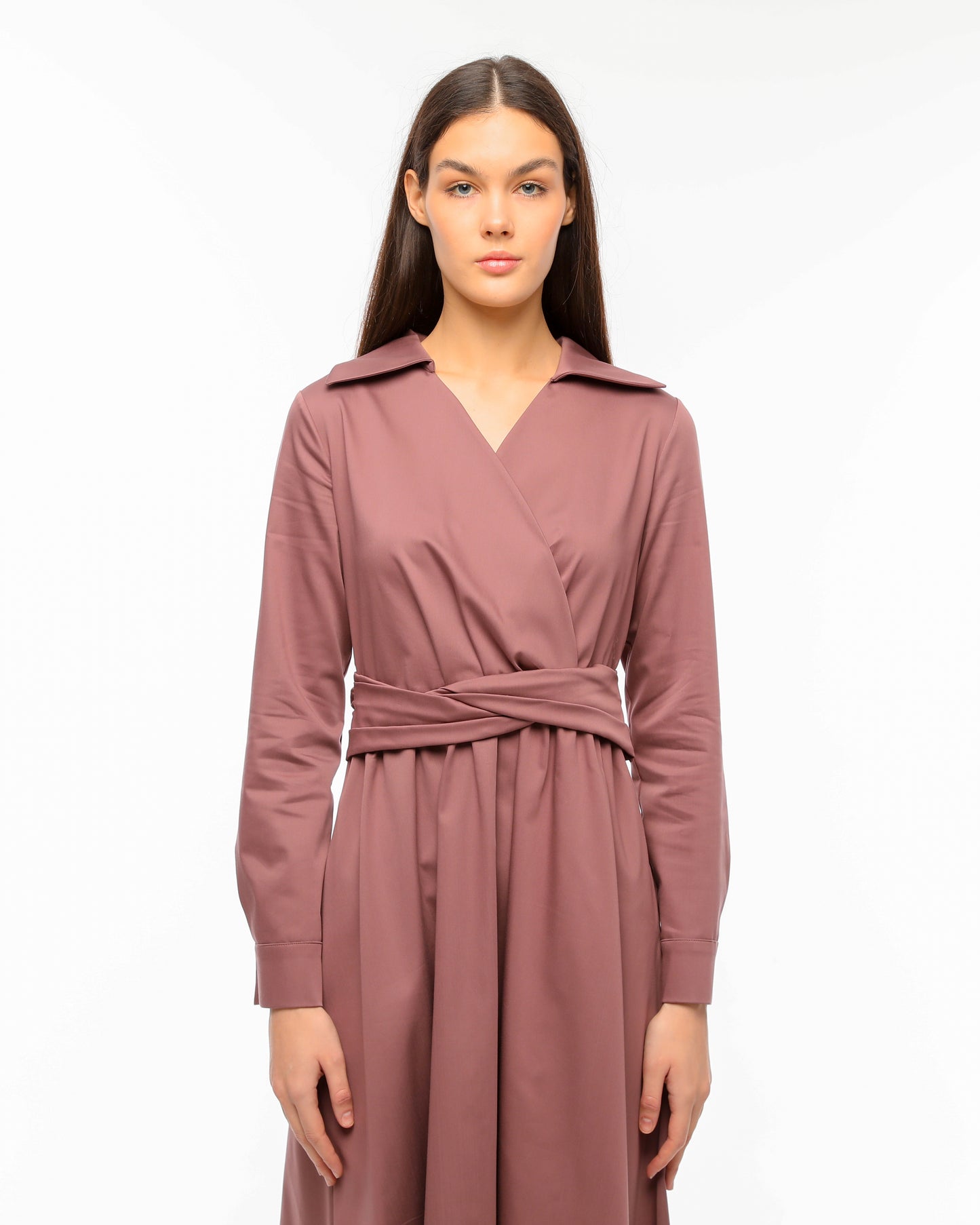 Pink Wrap Dress with Waist Tie and Elegant Collar