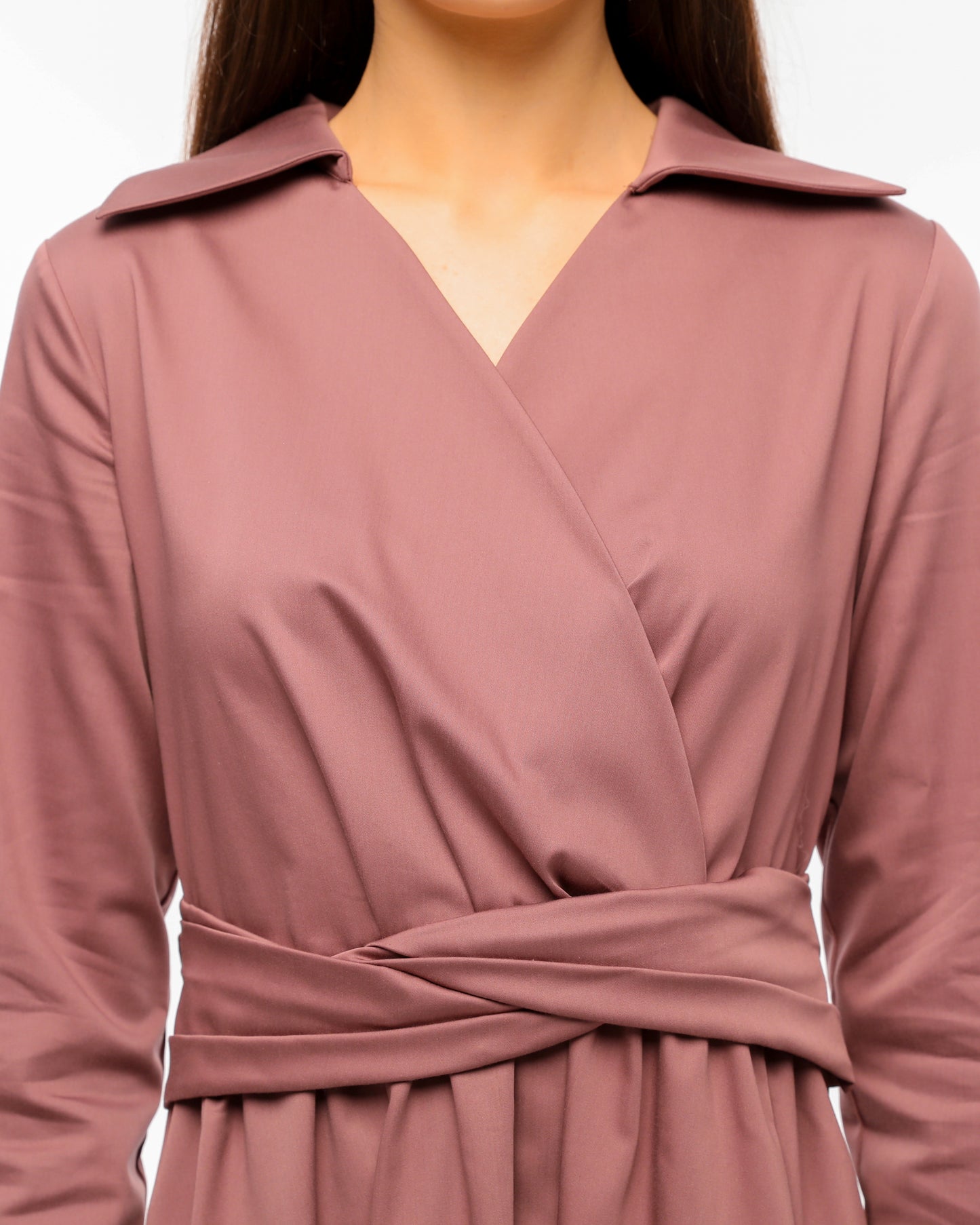 Pink Wrap Dress with Waist Tie and Elegant Collar