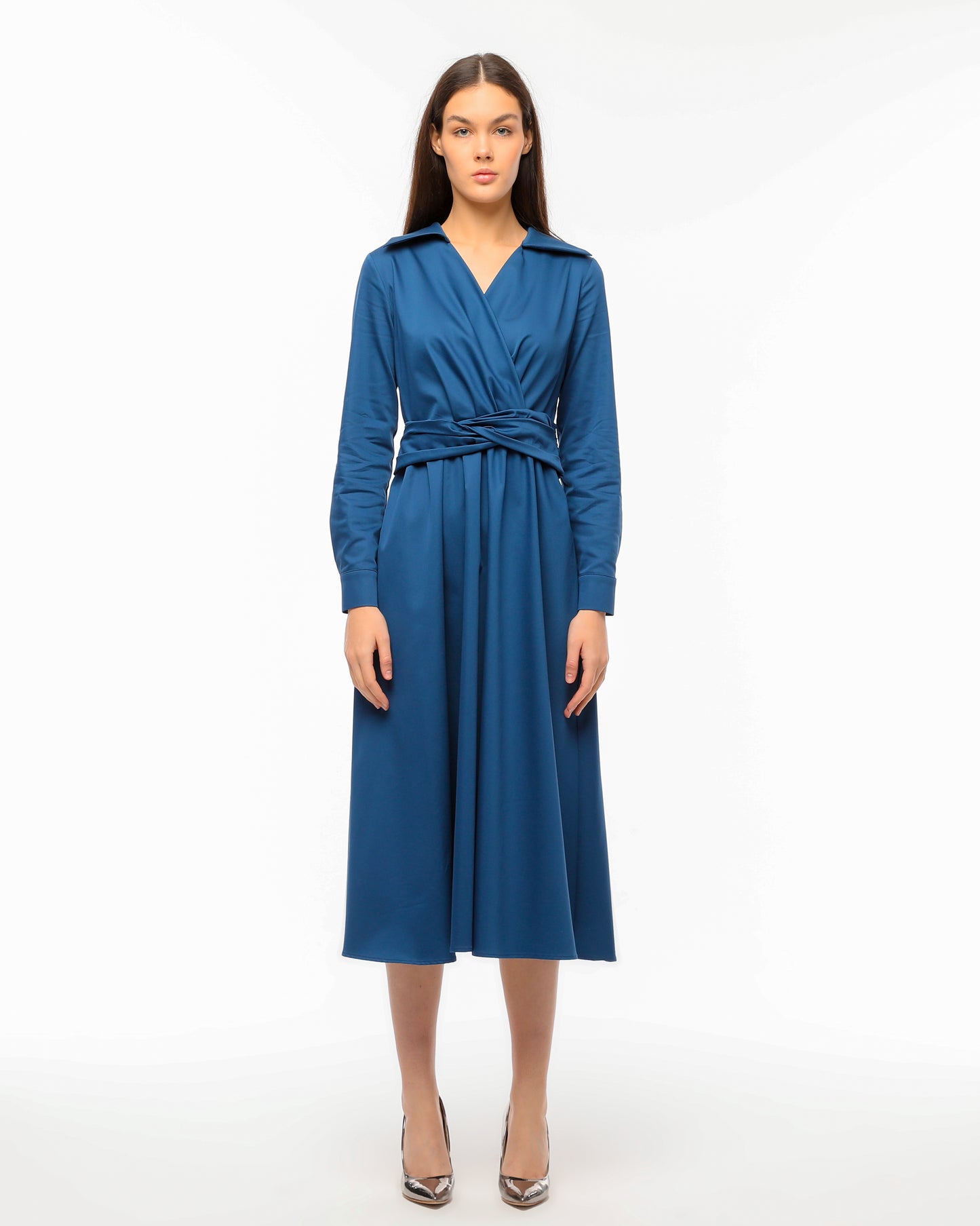 Blue Wrap Dress with Waist Tie and Elegant Collar