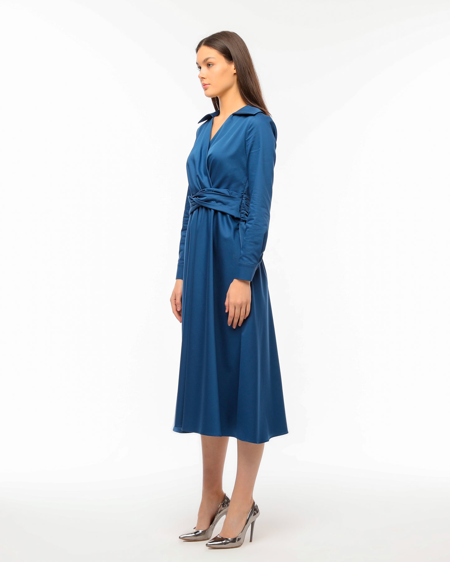 Blue Wrap Dress with Waist Tie and Elegant Collar