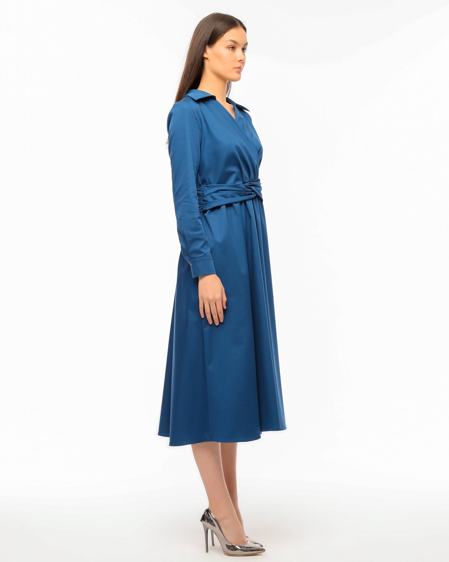 Blue Wrap Dress with Waist Tie and Elegant Collar