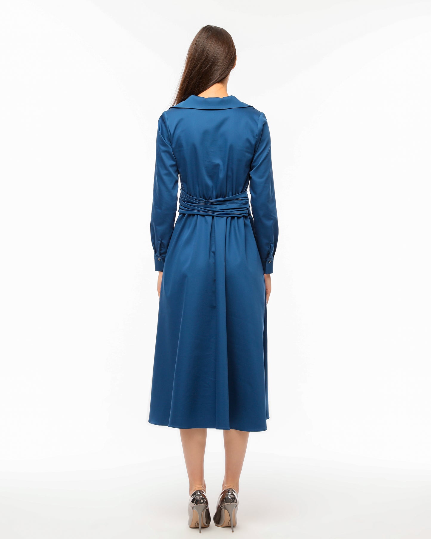 Blue Wrap Dress with Waist Tie and Elegant Collar