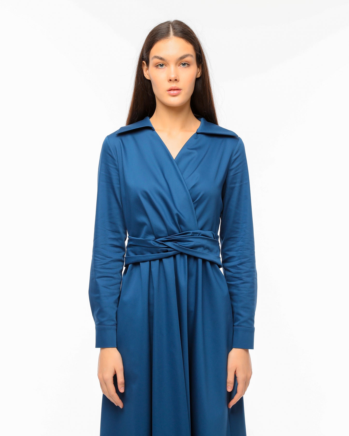 Blue Wrap Dress with Waist Tie and Elegant Collar