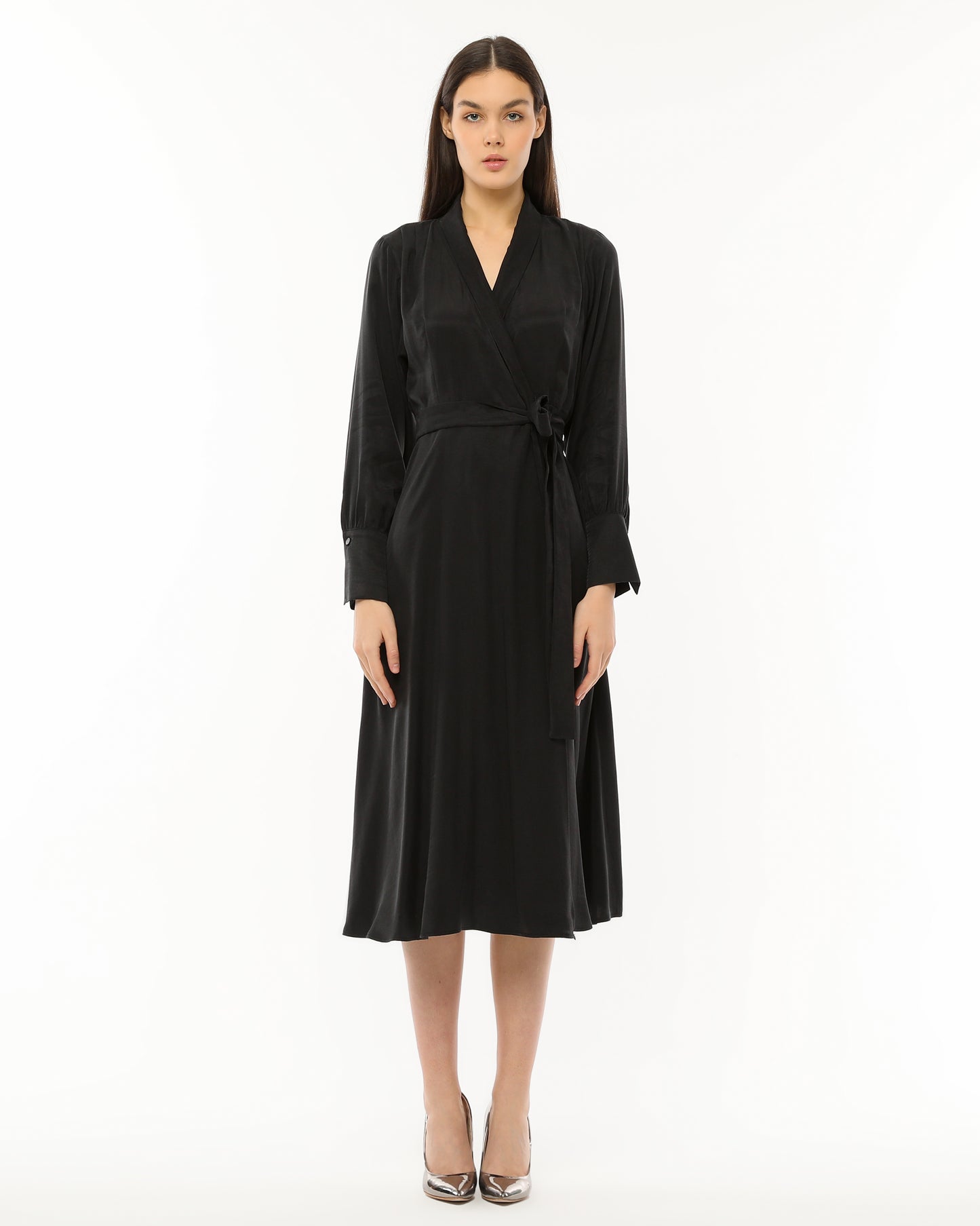 Elegant Olive Wrap Dress with Waist Tie