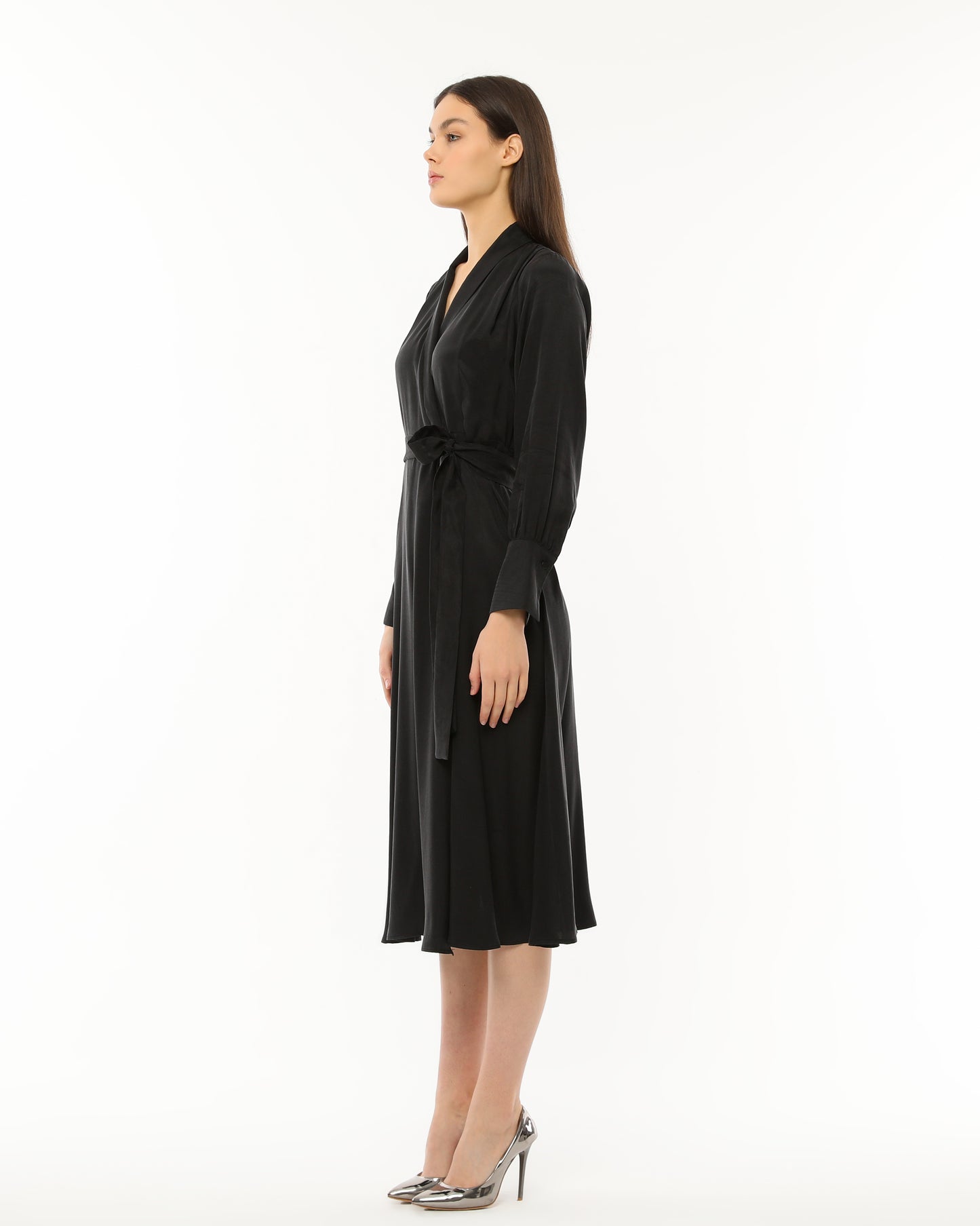 Elegant Olive Wrap Dress with Waist Tie