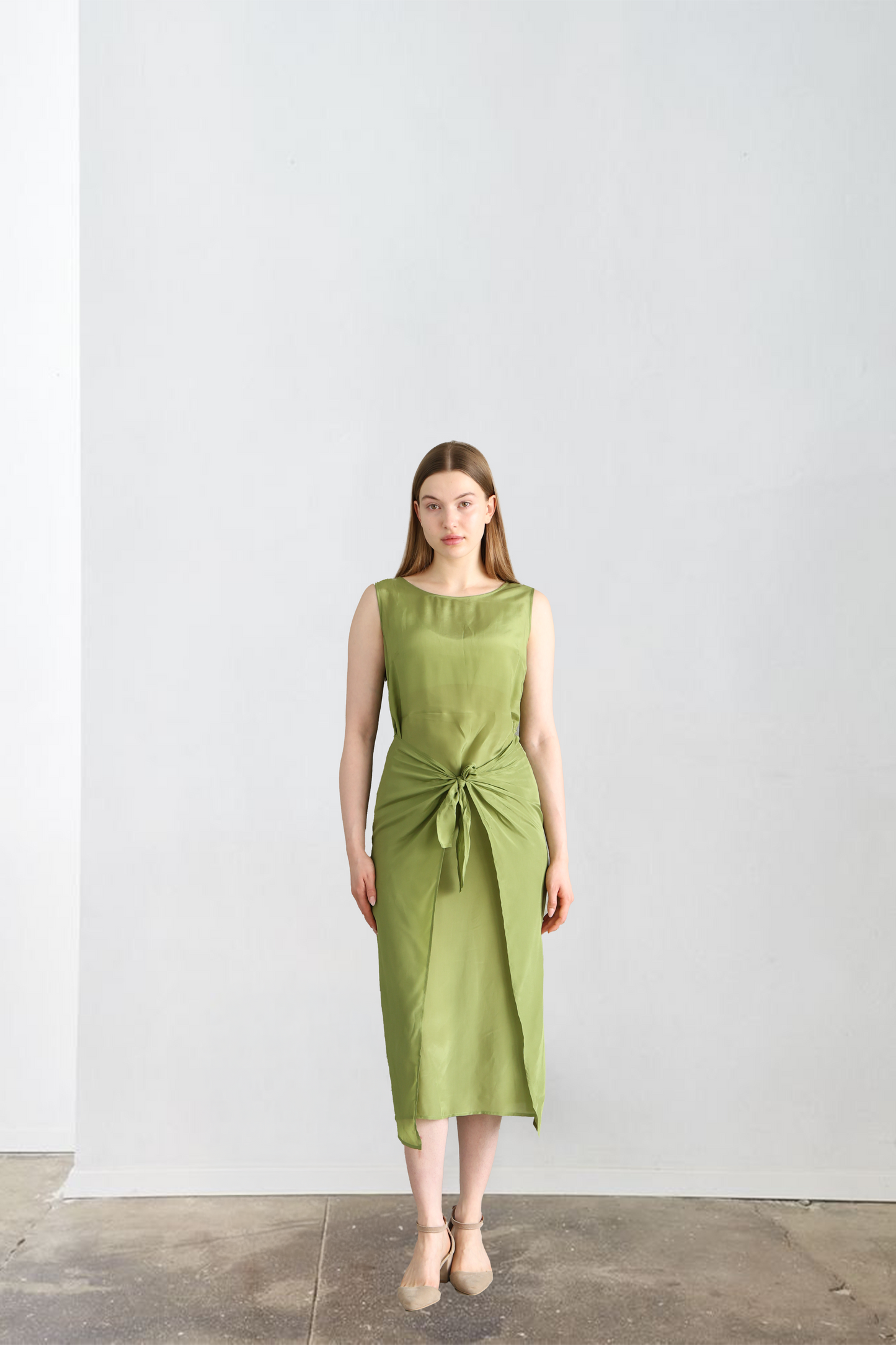 Henna Green Tie Detailed Viscose Midi Dress