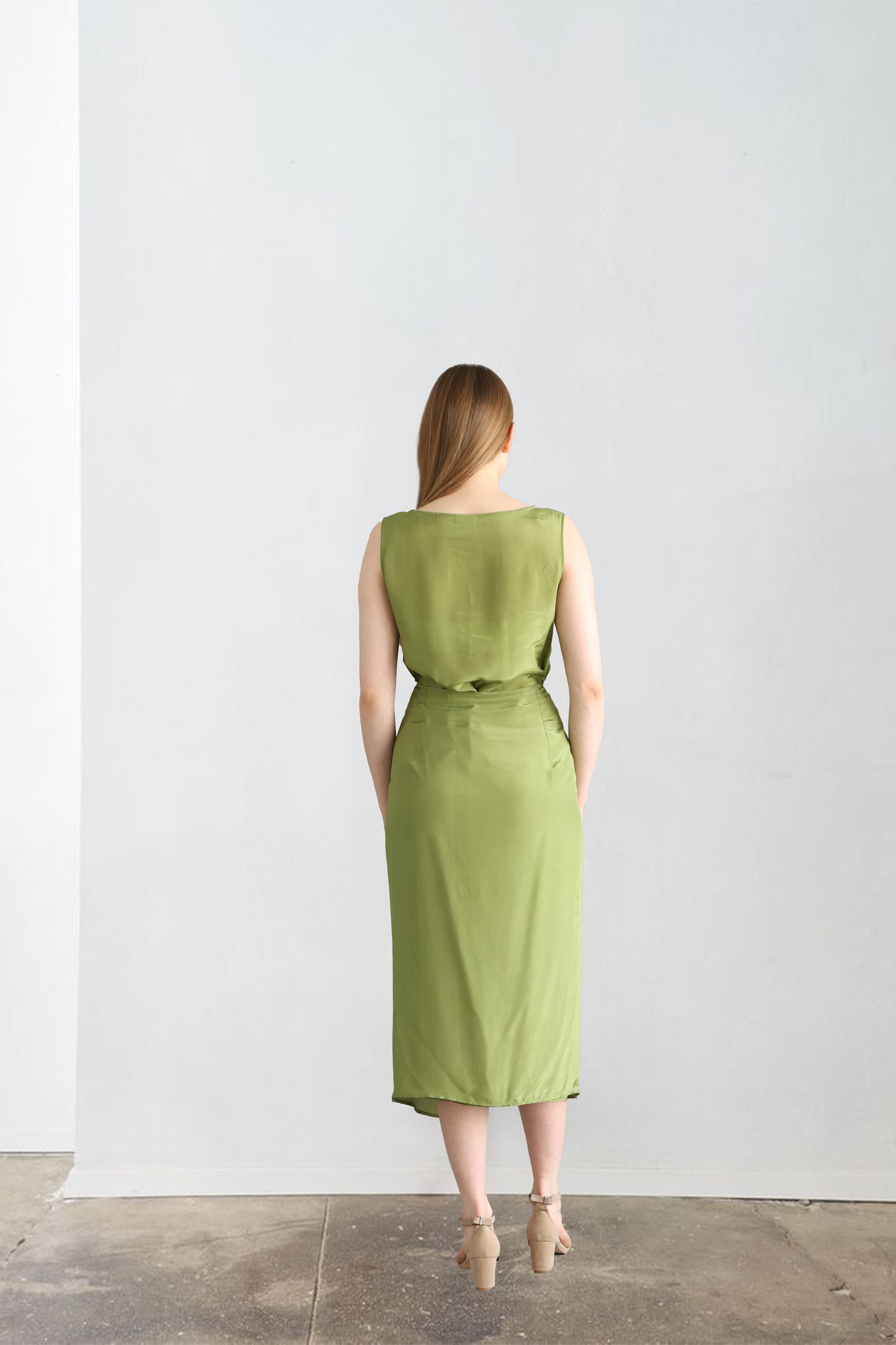 Henna Green Tie Detailed Viscose Midi Dress