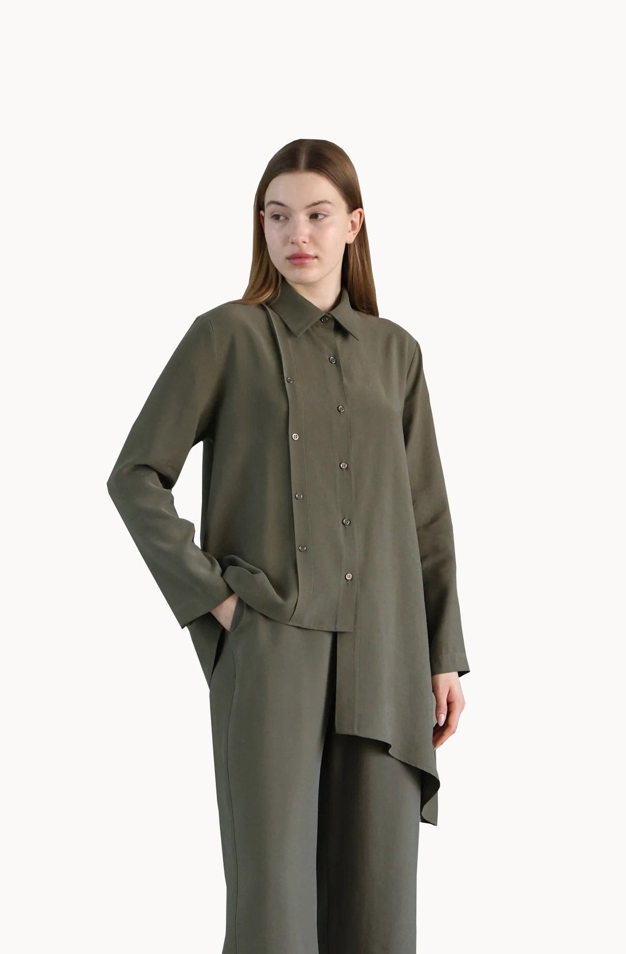 Asymmetric Cut Dark Green Shırt