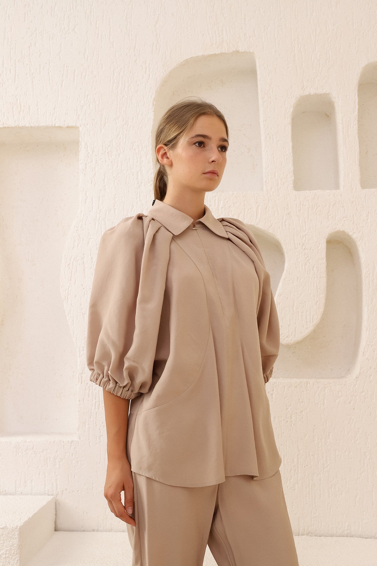 Beige Zippered Collar Shirt