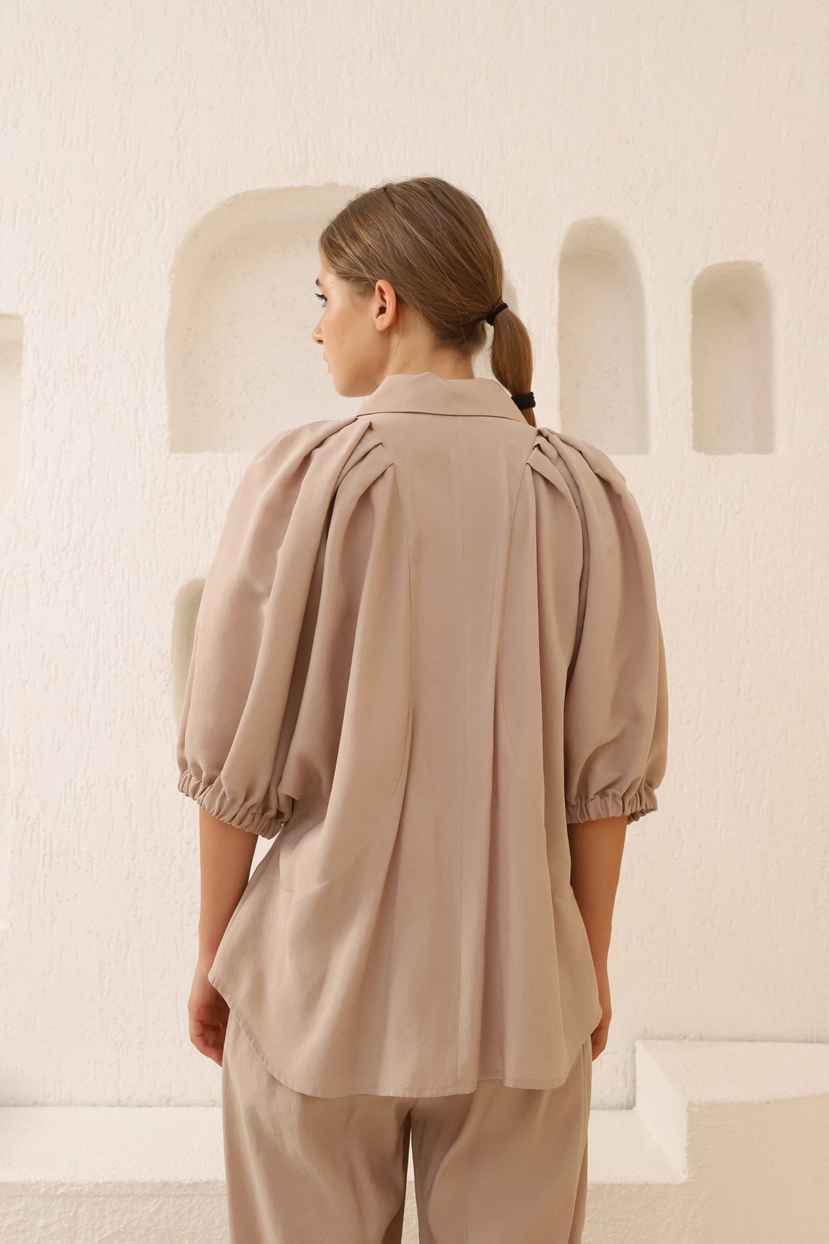 Beige Zippered Collar Shirt