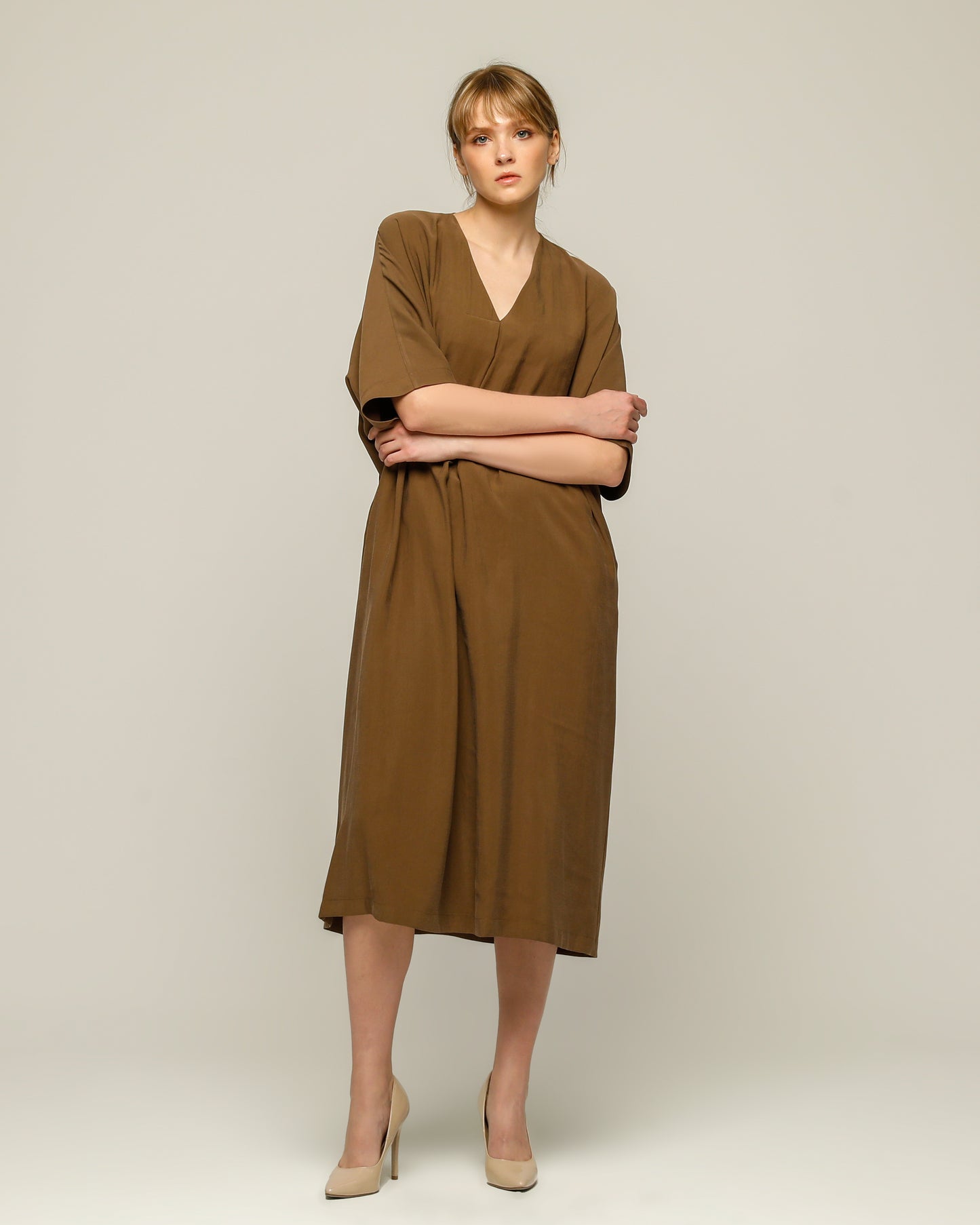 Brown Pocket Oversize Midi Dress