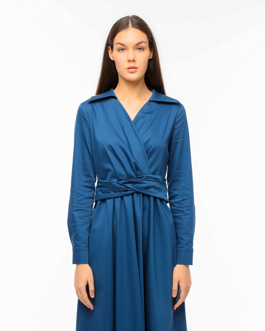 Blue Wrap Dress with Waist Tie and Elegant Collar