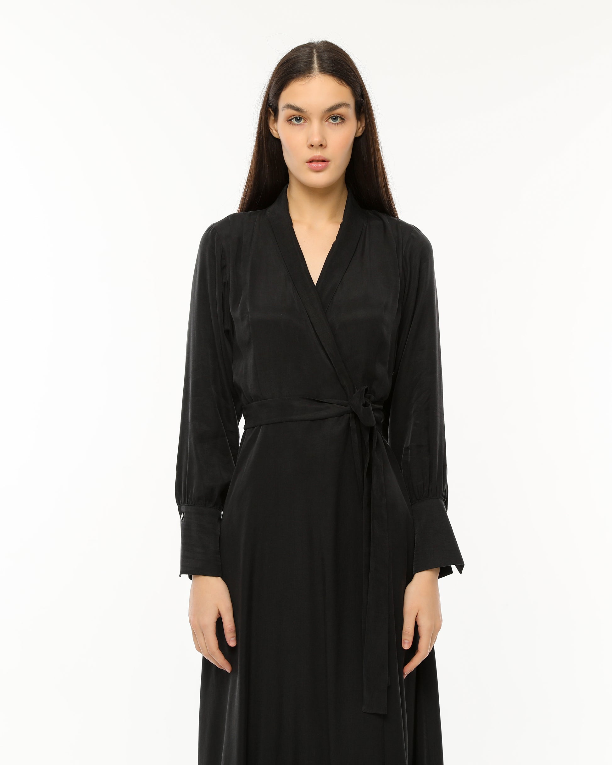 Elegant Black Wrap Dress with Waist Tie BIS WEAR Elegant Black Wrap Dress with Waist Tie BIS WEAR