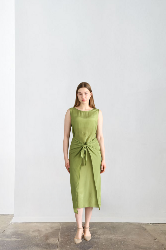 Henna Green Tie Detailed Viscose Midi Dress