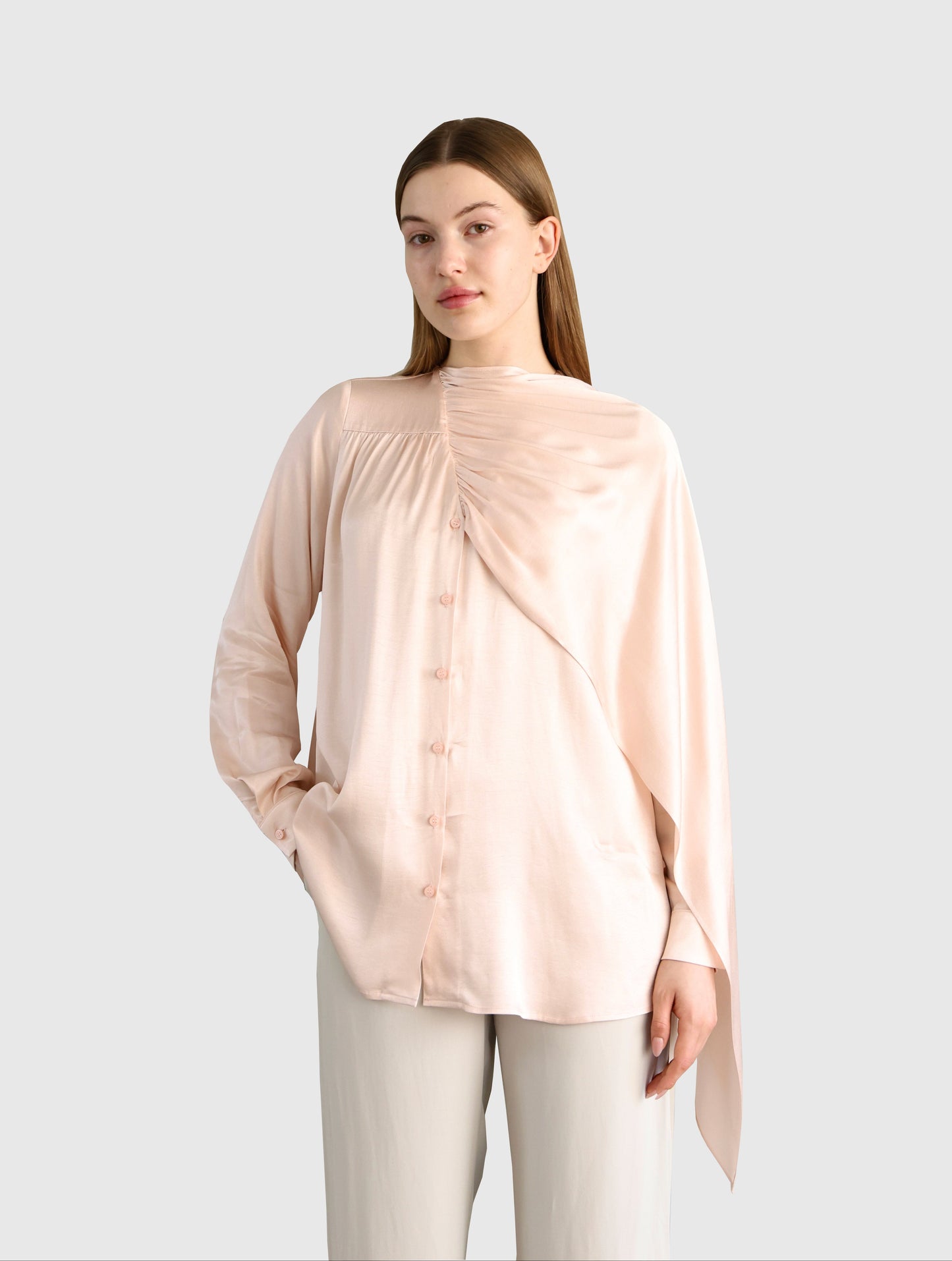 Shawl Detailed Powder Pink Shirt