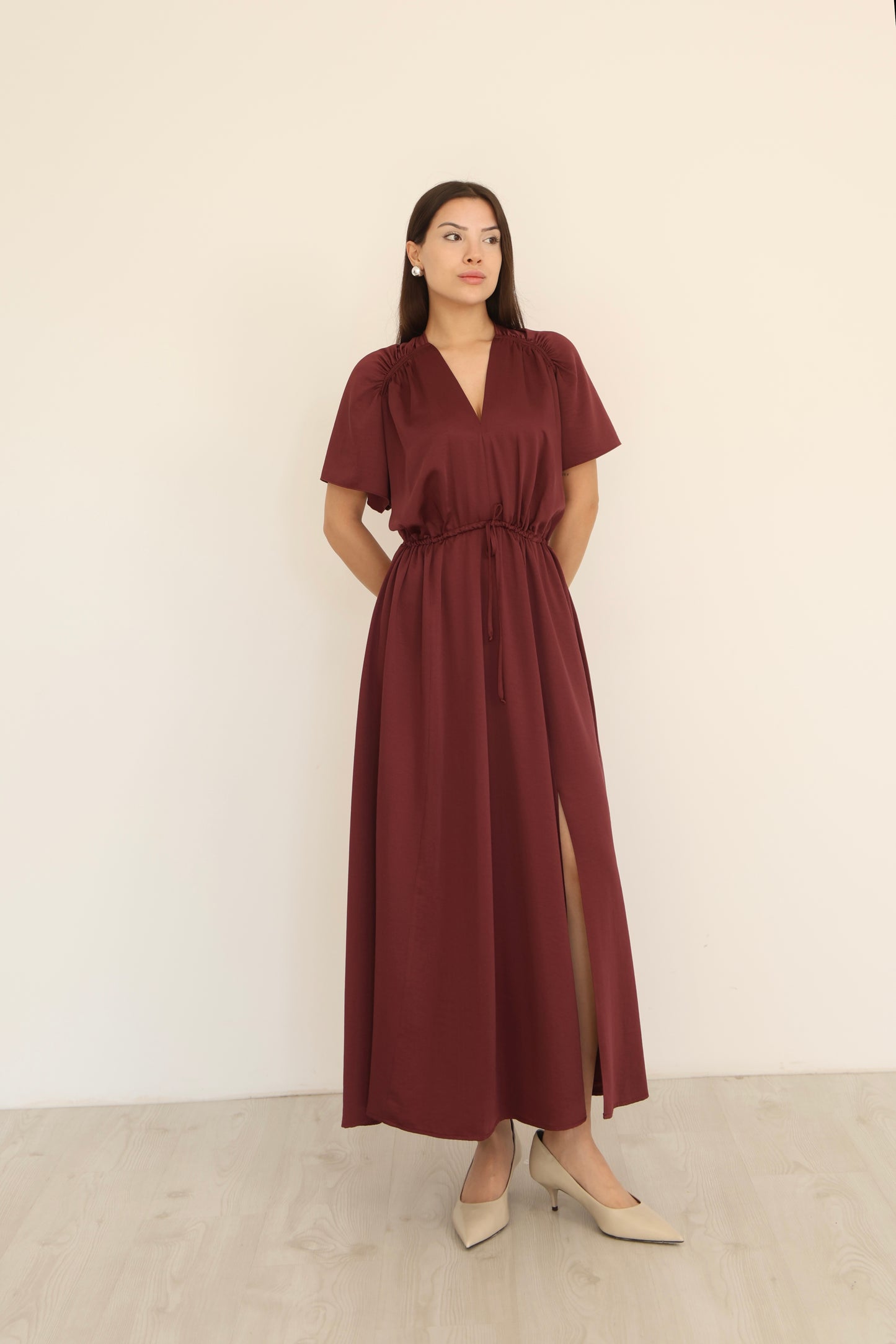Burgundy V-neck Slit Detail Dress-EL260