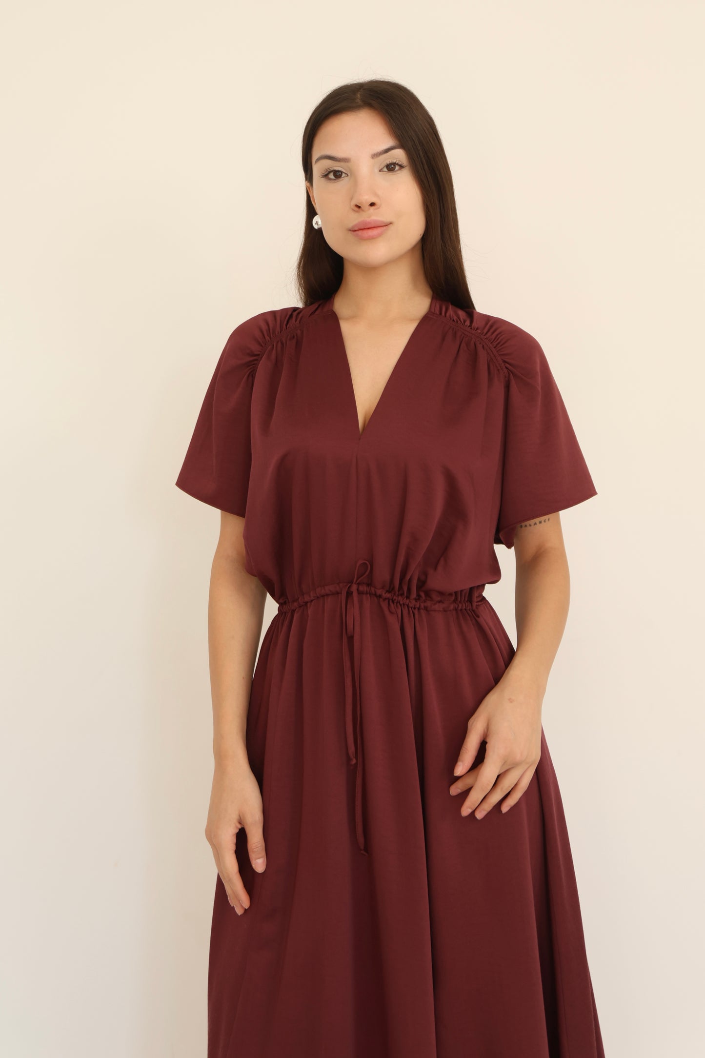 Burgundy V-neck Slit Detail Dress-EL260