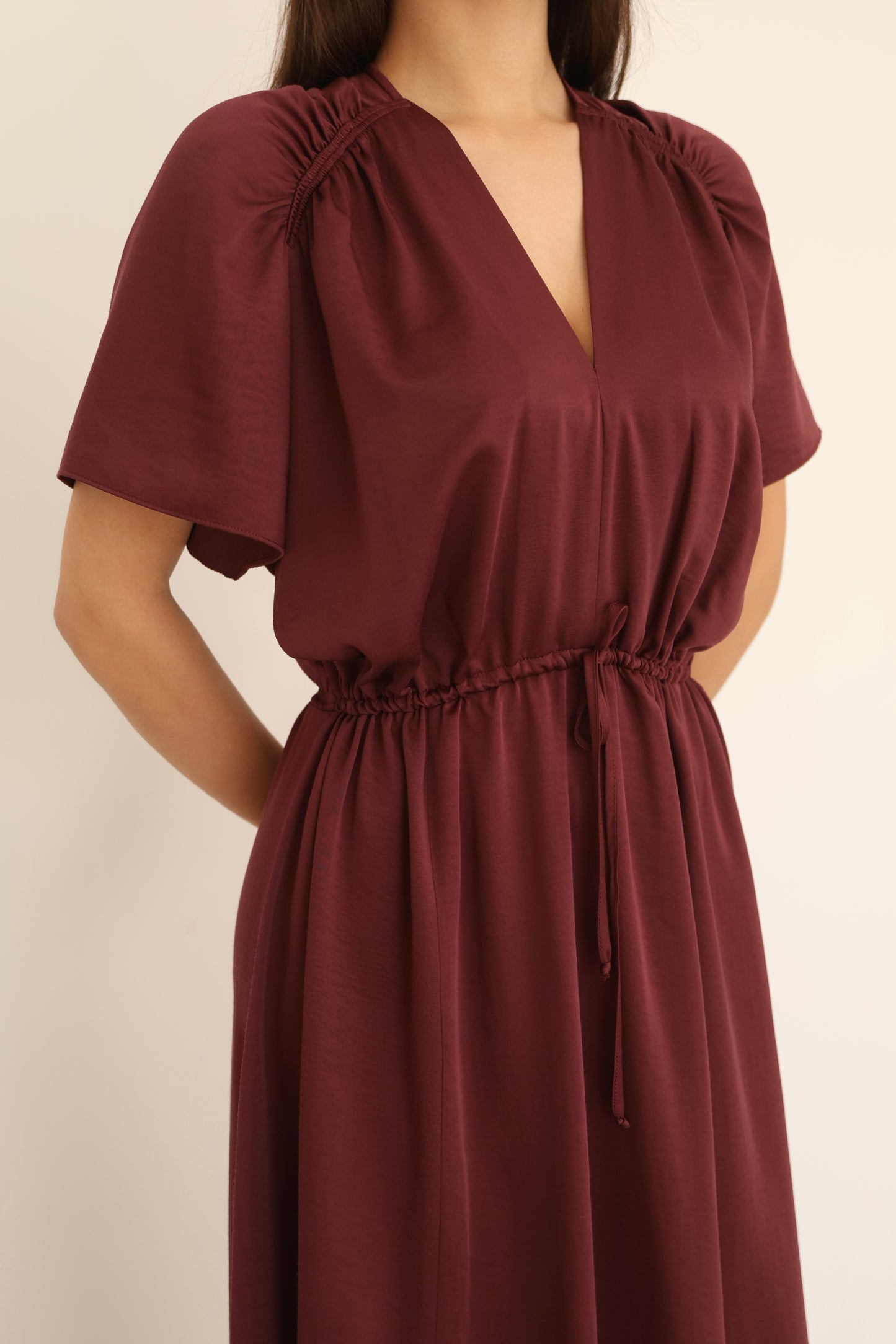 Burgundy V-neck Slit Detail Dress-EL260