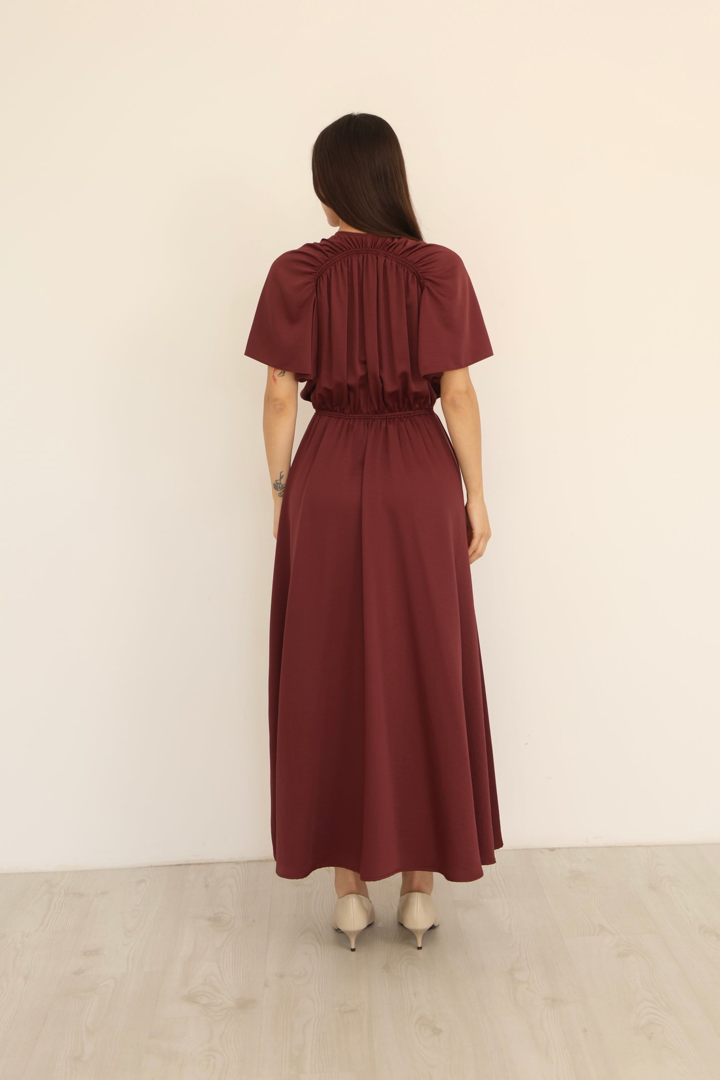 Burgundy V-neck Slit Detail Dress-EL260