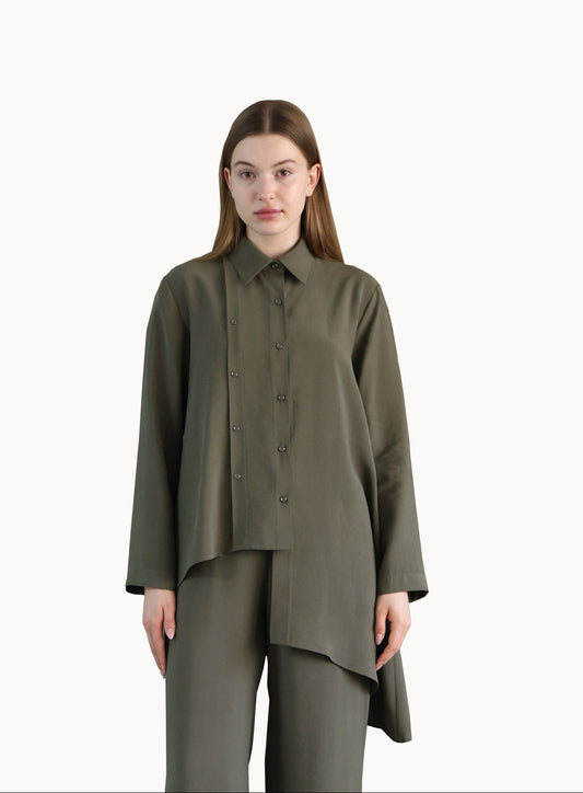 Asymmetric Cut Dark Green Shırt