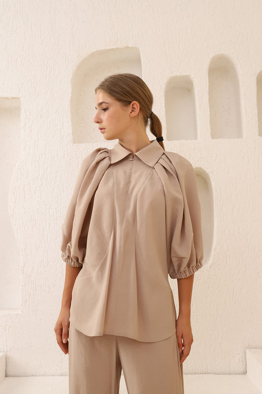 Beige Zippered Collar Shirt