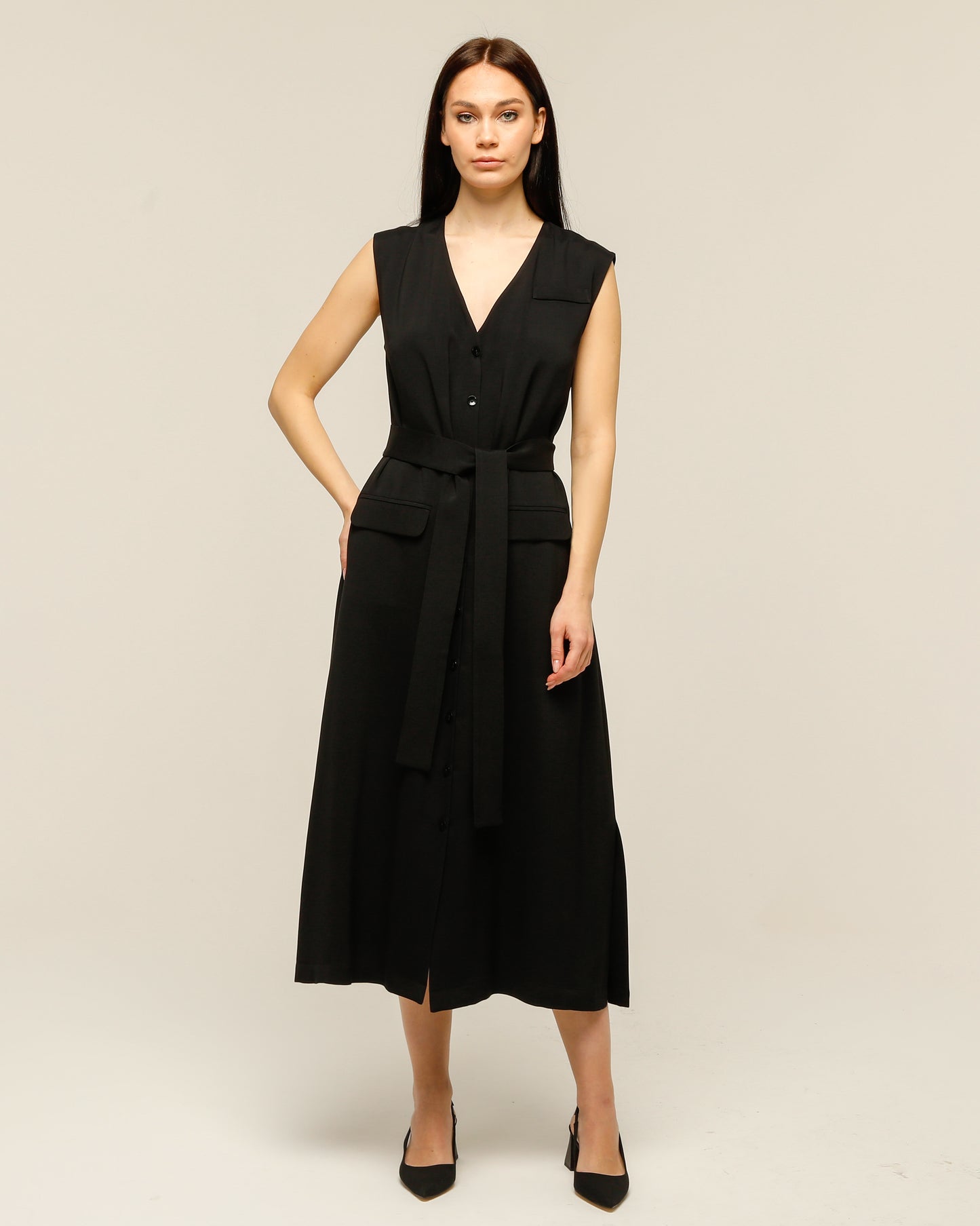 Black Dress With Buttoned Waist Belt