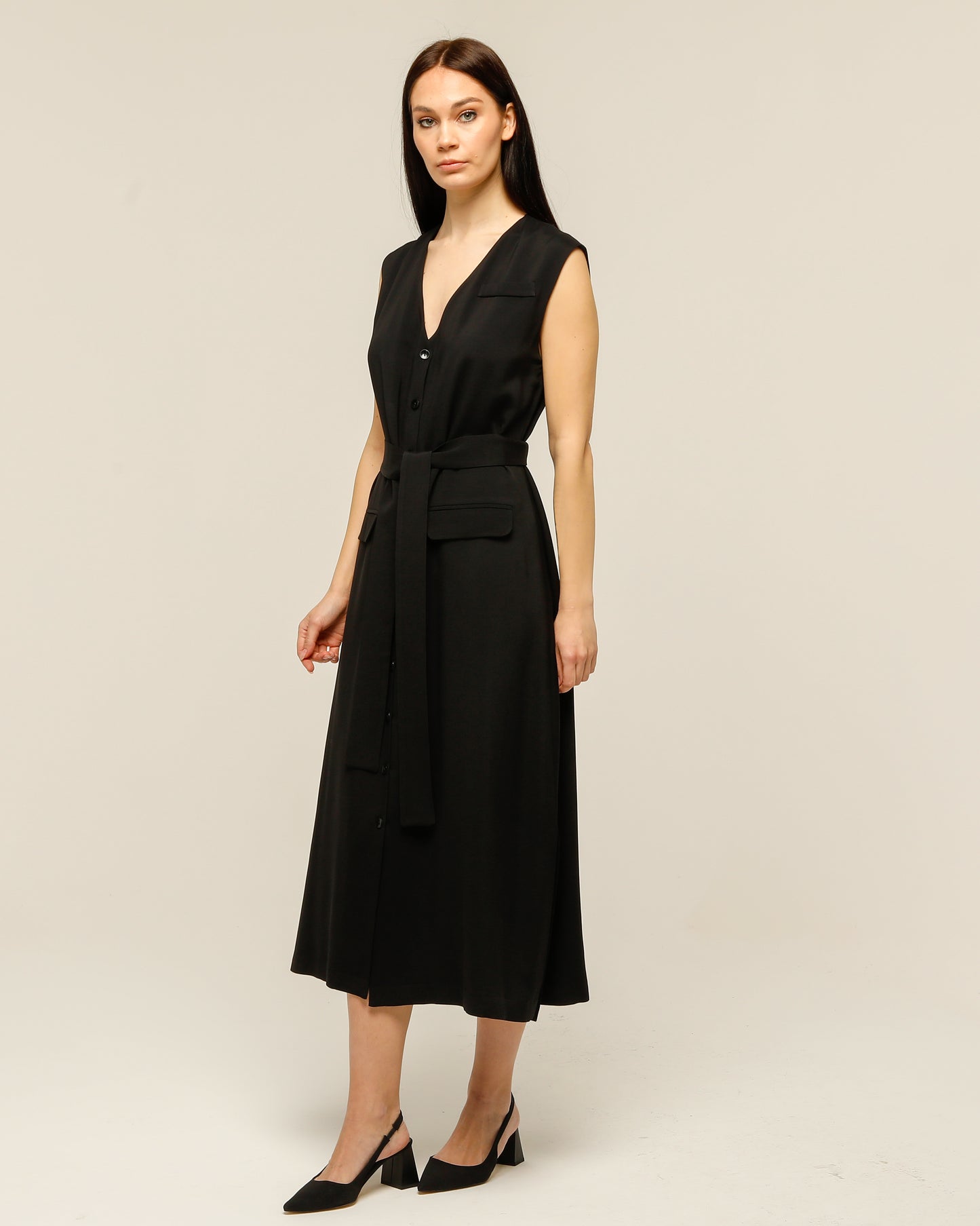 Black Dress With Buttoned Waist Belt