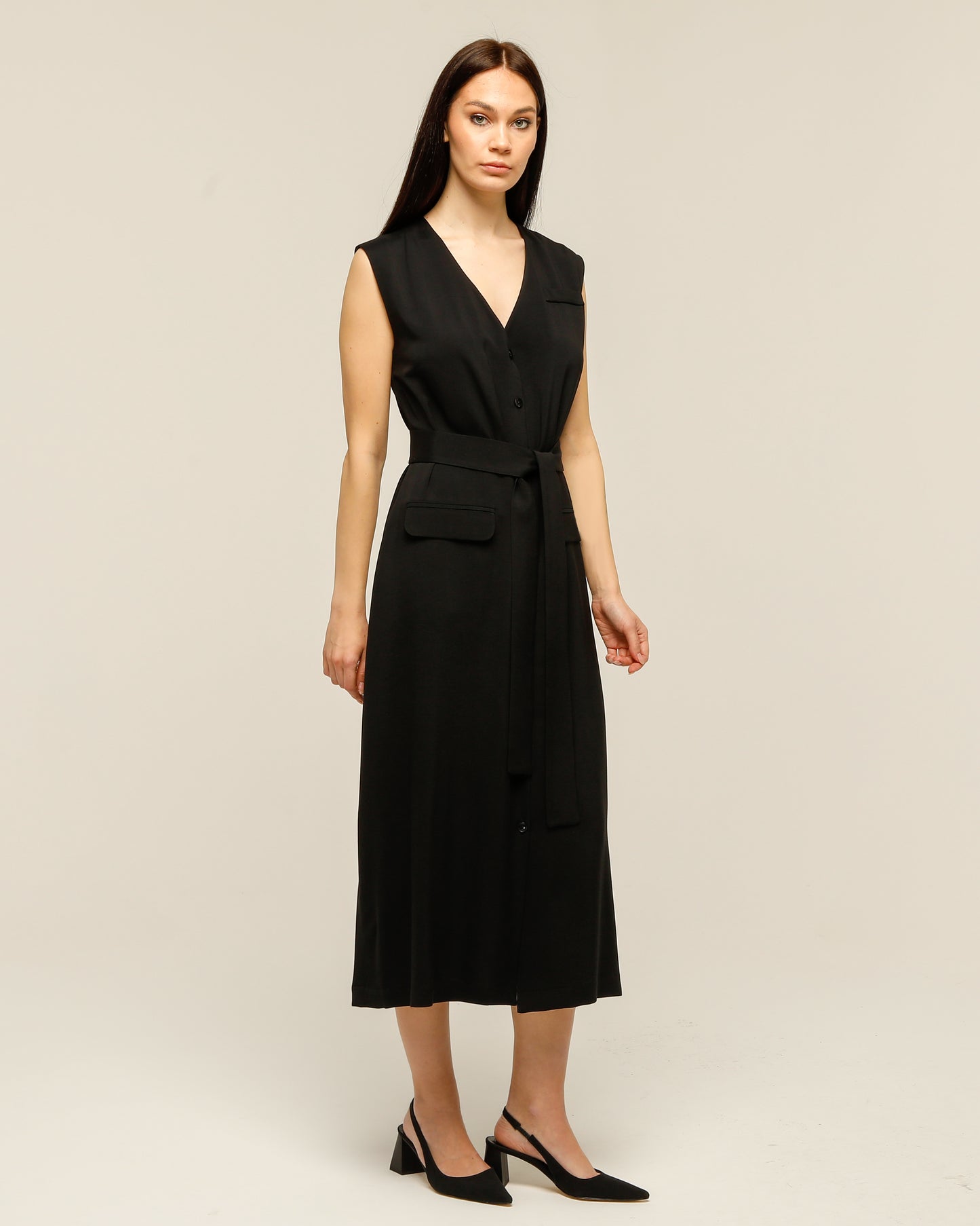 Black Dress With Buttoned Waist Belt