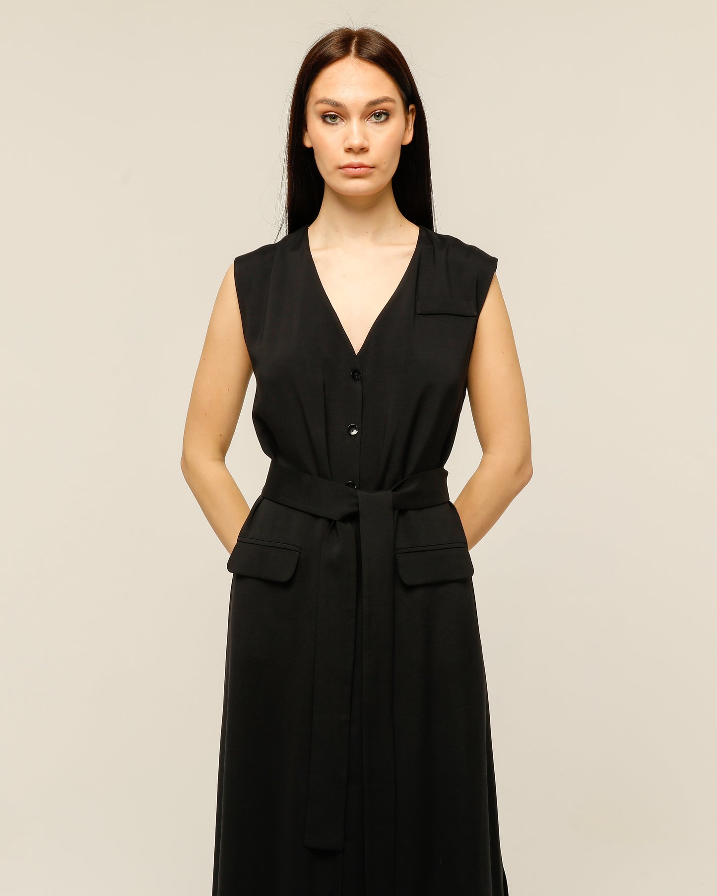 Black Dress With Buttoned Waist Belt