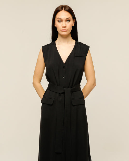 Black Dress With Buttoned Waist Belt
