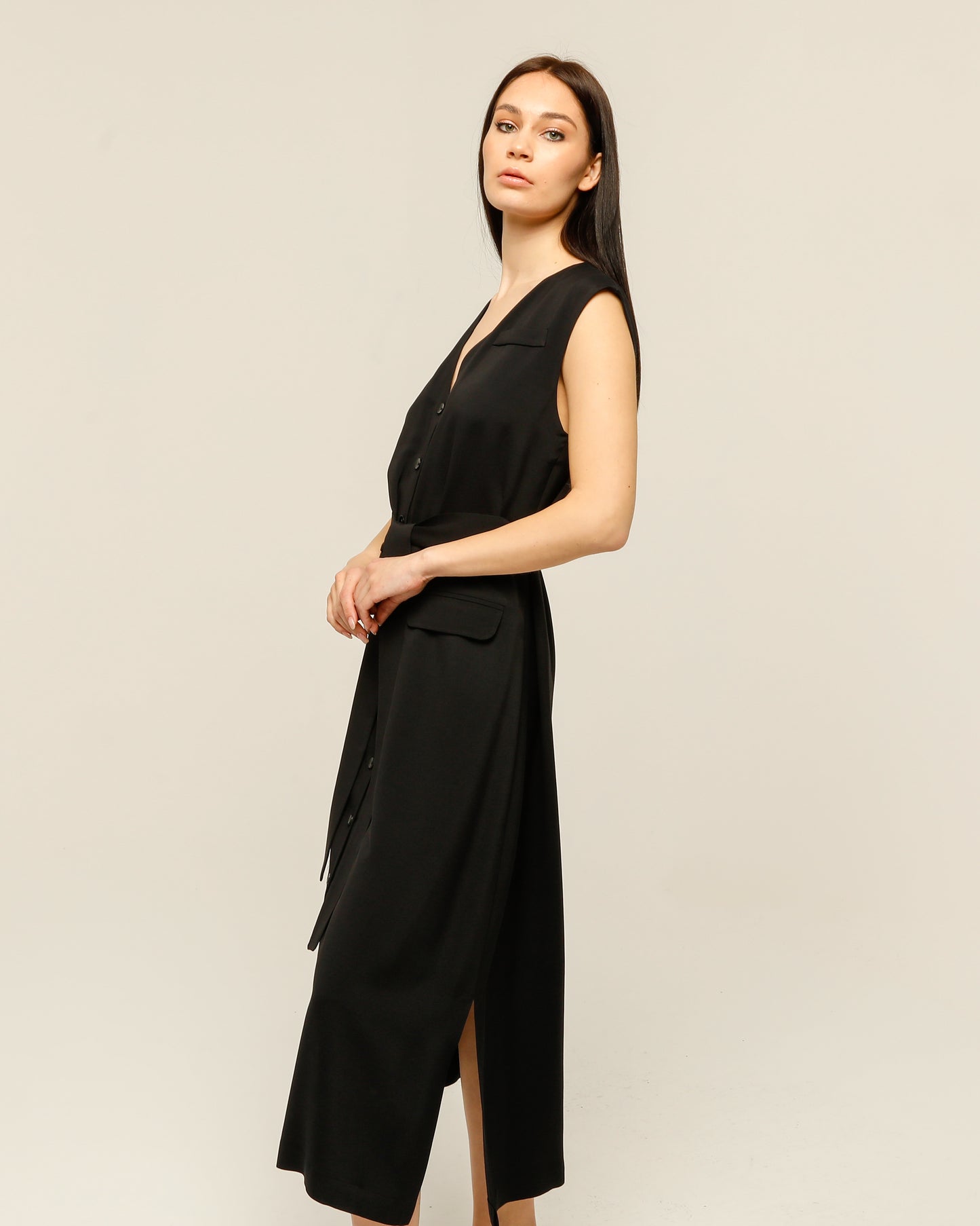 Black Dress With Buttoned Waist Belt