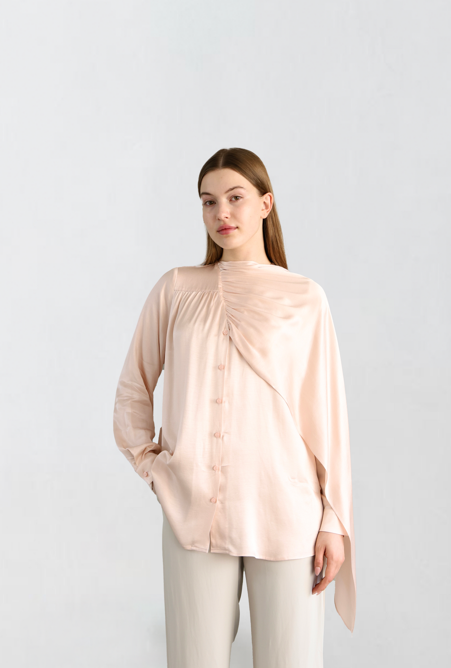 Shawl Detailed Powder Pink Shirt