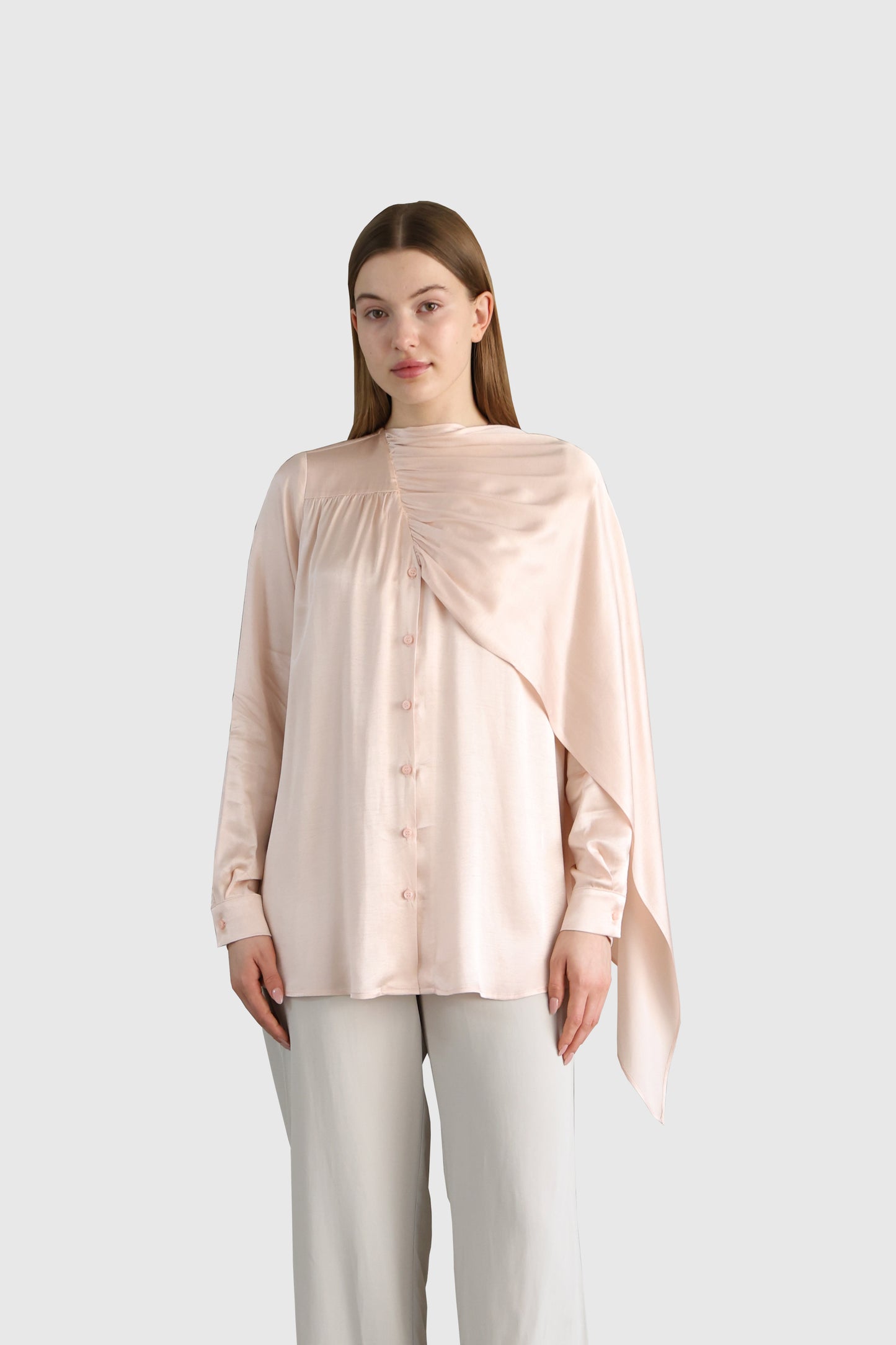 Shawl Detailed Powder Pink Shirt