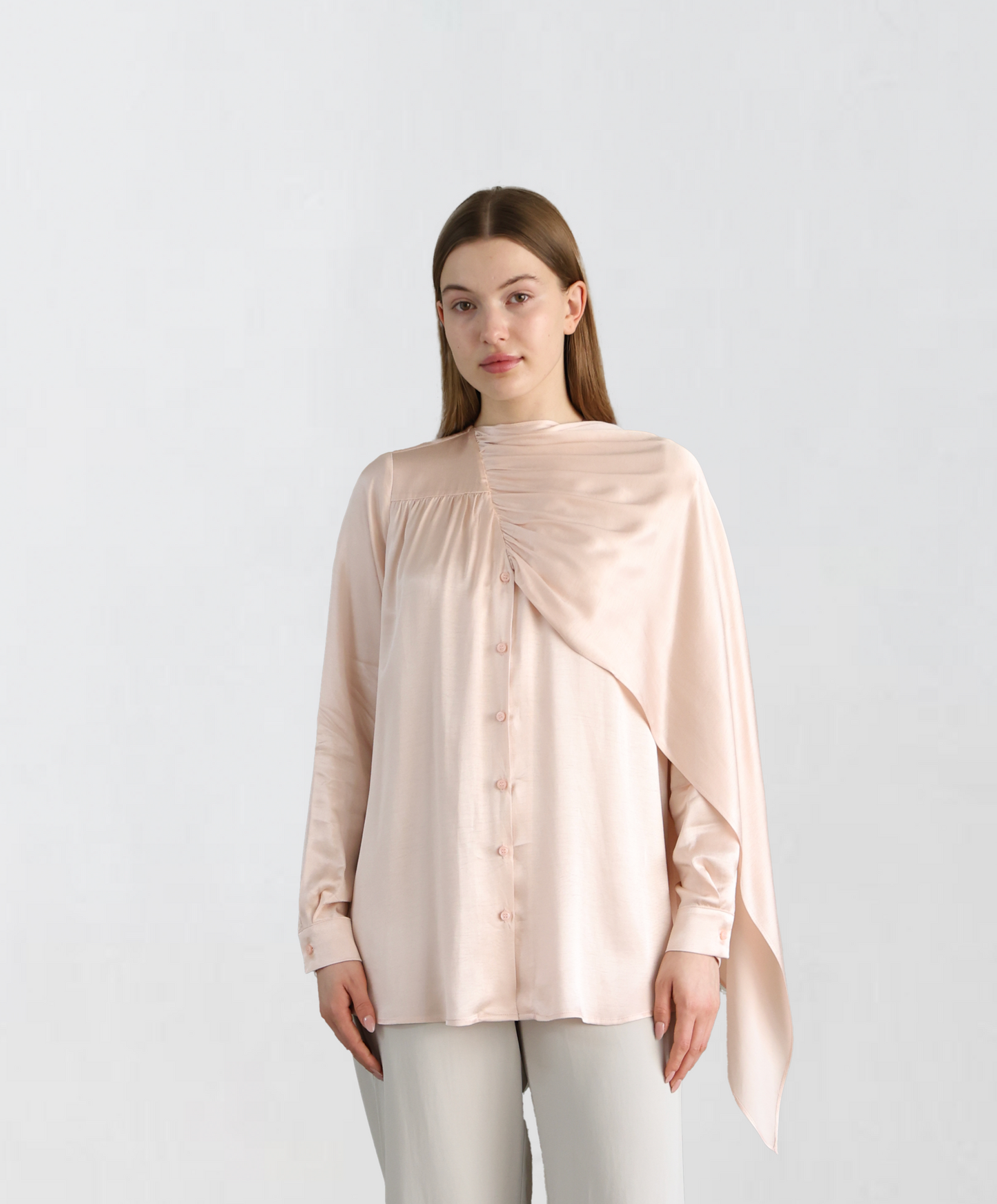 Shawl Detailed Powder Pink Shirt